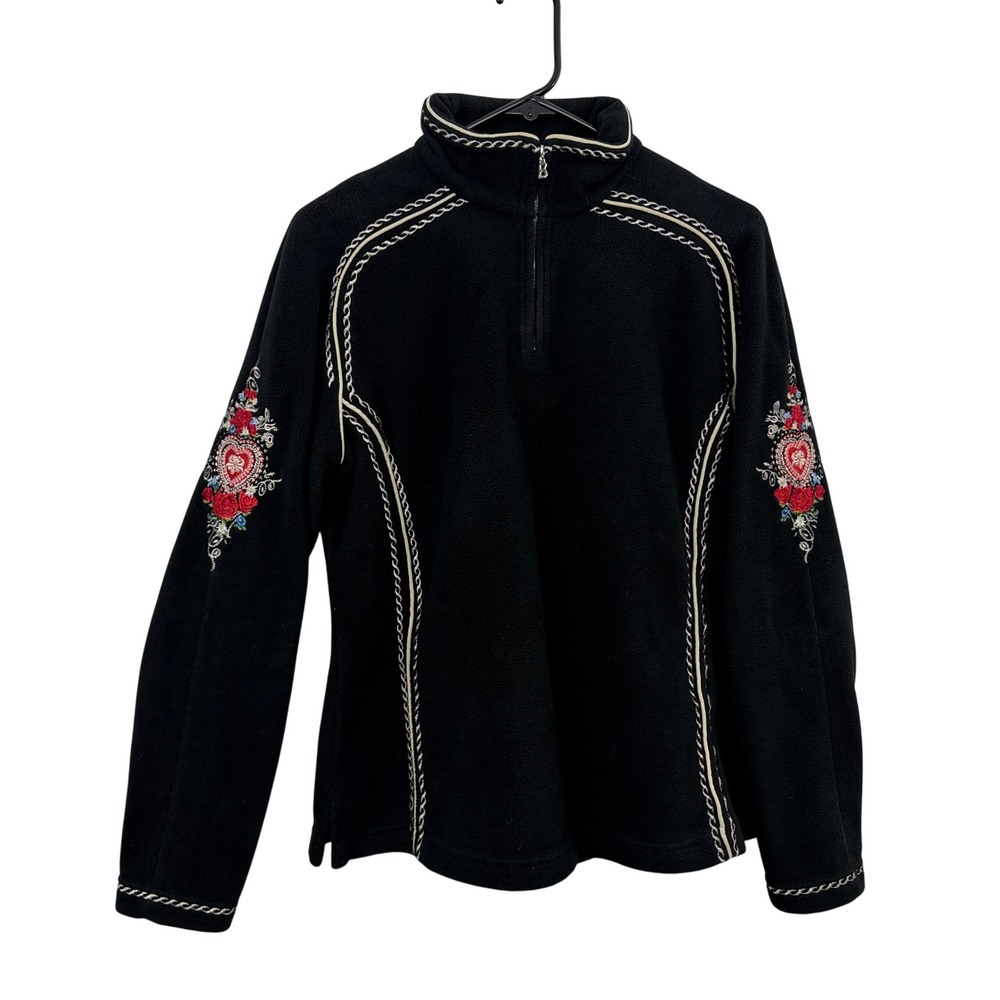 Bogner Fleece Womens Large Black Floral Embroidered Quarter Zip Pullover Jacket